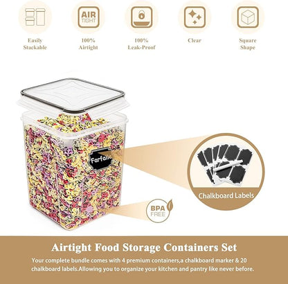 Wildone Large Food Storage Containers 5.2L /175oz, 4 Piece BPA Free Plastic Airtight Food Storage Containers for Flour, Sugar, Baking Supplies, Kitchen & Pantry Containers with 20 Labels