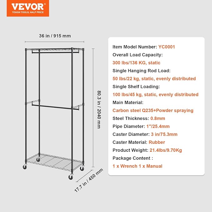 VEVOR Clothing Garment Rack, Heavy Duty Closet Wardrobe, Adjustable Tiers Clothes Racks with Steel Frame, for Bedroom, Clothing Store, Hallway
