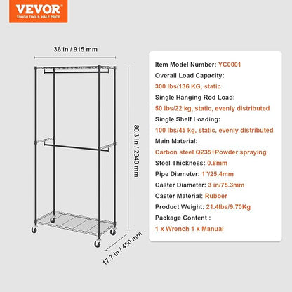 VEVOR Clothing Garment Rack, Heavy Duty Closet Wardrobe, Adjustable Tiers Clothes Racks with Steel Frame, for Bedroom, Clothing Store, Hallway