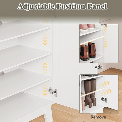 Shoe Cabinet Storage for Entryway with Doors, 4 Tier Fluted Shoe Organizer with 2 Drawers, Entryway Shoe Storage with Adjustable Shelves, Freestanding Hidden Shoe Rack for Front Door Entrance, White
