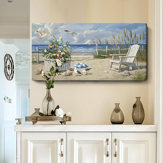 ARTZON Beach Scene Wall Art – Relaxing Large Blue Tropical Nature Sunshine Seascape Picture Modern Summer Coastal Canvas Print Decor for Living Room, Bedroom, 48x24 Inch
