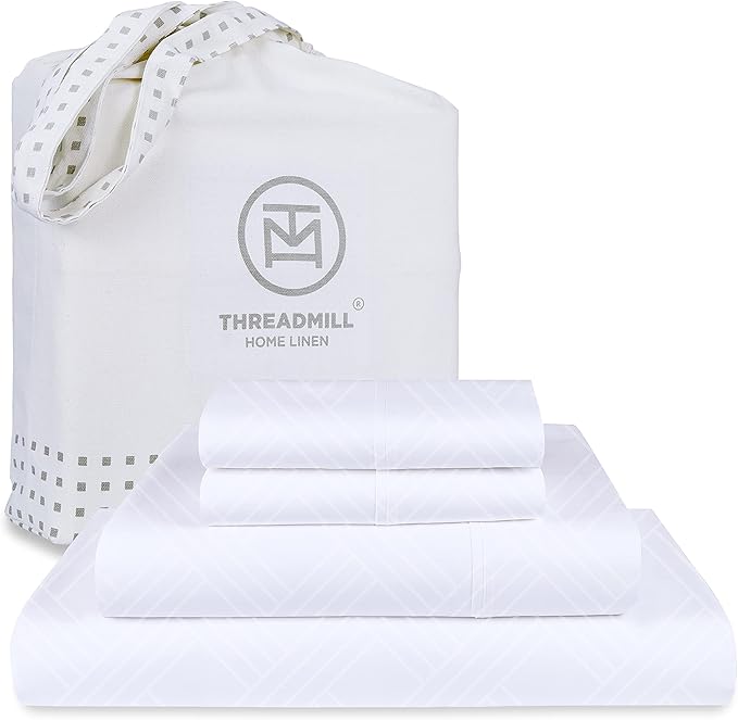 Threadmill California King Sheets - 800 Thread Count Jacquard Celine Hotel White, 100% Pure Cotton 4 Piece Striped Bed Set, ELS Cotton, Luxury Damask Sheets with Elasticized Deep Pocket