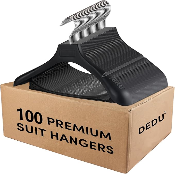 DEDU Suit Hangers for Men 100 Pack, Black Coat Hangers Extra Wide Non Slip Width 17.7", Thick Plastic with Pants Bar & Metal Hook
