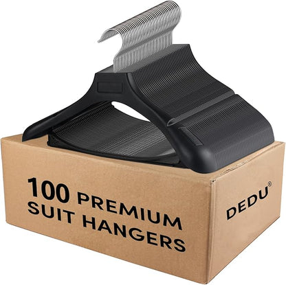 DEDU Suit Hangers for Men 100 Pack, Black Coat Hangers Extra Wide Non Slip Width 17.7", Thick Plastic with Pants Bar & Metal Hook