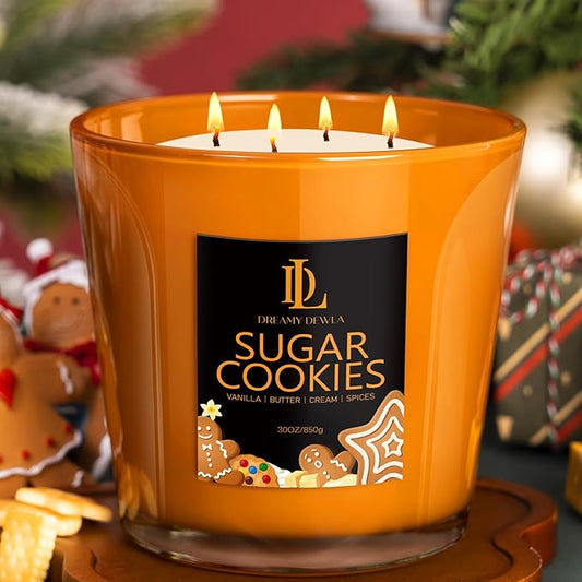 Large Christmas Candle Sugar Cookie Scented, 4 Wick Natural Soy Candles for Home Scented, 30oz Big Scented Candle Long Lasting, Holiday Baking Fragrance Home Kitchen Christmas Gift for Women Men
