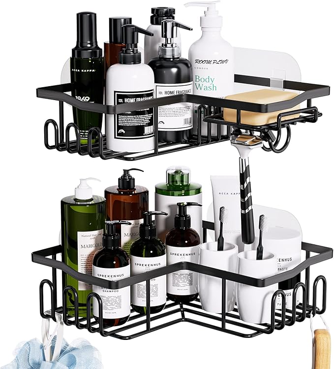 HapiRm Corner Shower Caddy with Shampoo Holder, 2-Pack Shower Organizer Shower Storage Shelf with 11 Hooks, No Drilling Rust Proof Stainless Steel Corner Shower Shelf with 6 Pack Adhesives (Black)