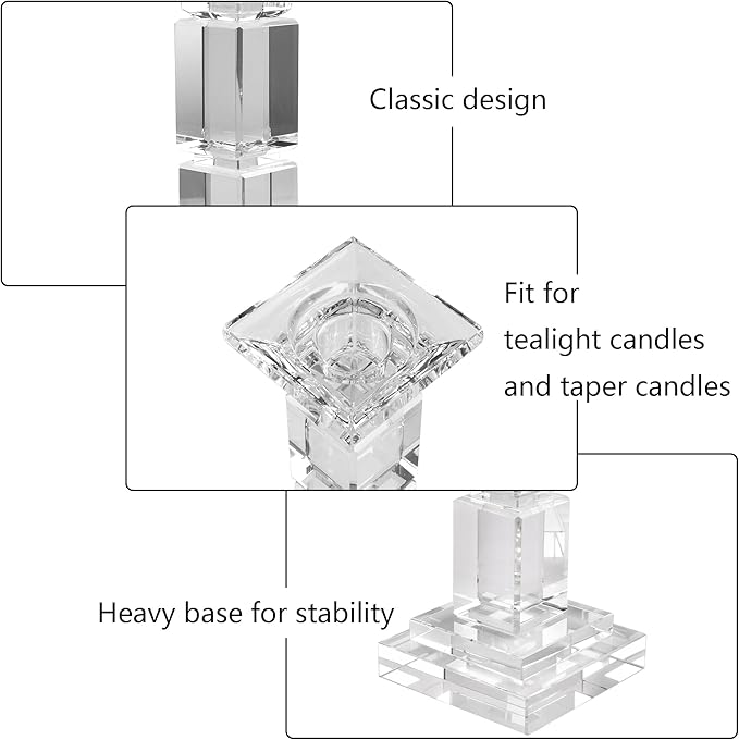 Kitcom Crystal Candle Stick Holders for Home Decor Pack of 2, Clear Crystal Taper/Tealight Candle Holder Table Centerpieces for Party and Wedding Decoration(8.6inch Tall)