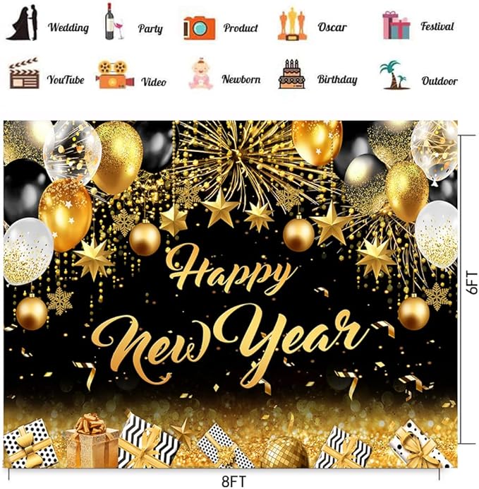 CHAIYA 8x6ft 2026 Happy New Year Backdrop Black and Gold Photography Background New Year Eve Party Decoration SNew Year Holiday Party Banner
