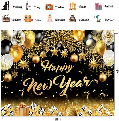 CHAIYA 8x6ft 2026 Happy New Year Backdrop Black and Gold Photography Background New Year Eve Party Decoration SNew Year Holiday Party Banner