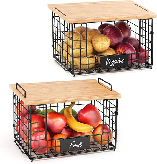 keomaisyto 2 Set XL Stackable Wire Baskets with Bamboo Top- Pantry Organizers and Storage, Kitchen Organization Counter Storage Bins for Potato/Onion/Fruit/Vegetable/Produce, Under Sink Organizing