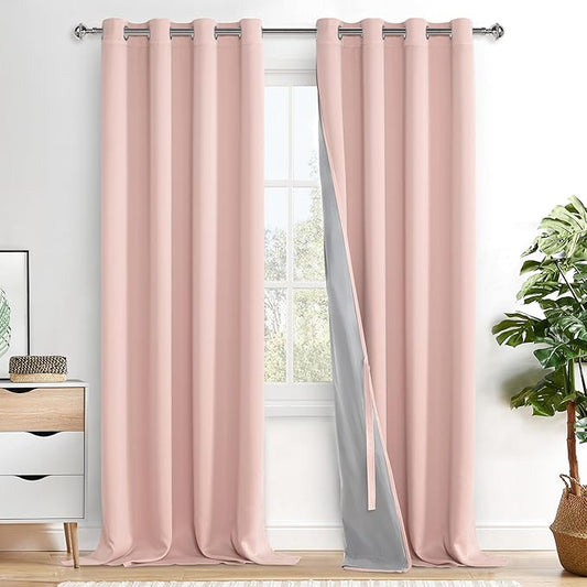 XWZO 100% Blackout Curtains with Tiebacks- Heat and Full Light Blocking Long Window Panels with Black Liner for Girl's Room/Nursery, Grommet Top，Blush Pink, W52 x L108 Inches Long, Set of 2