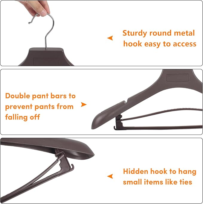 DEDU Suit Hangers for Men 20 Pack, Brown Coat Hangers Extra Wide Non Slip Width 17.7", Thick Plastic with Pants Bar & Metal Hook