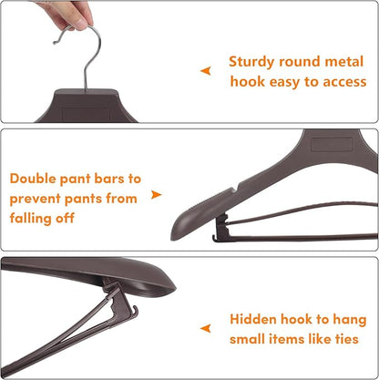 Suit Hangers for Men 50 Pack, Brown Coat Hangers Extra Wide Non Slip Width 17.7", Thick Plastic with Pants Bar & Metal Hook