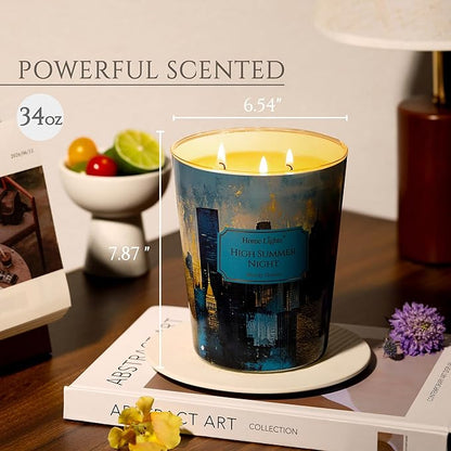 HomeLights Scented Candles | Large Jar 34 Oz Natural Soy Candle | 130 hrs Long-Lasting with 3 Wicks | Industrial Chic Home Decor | Gifts for Mom & Women, High Summer Night