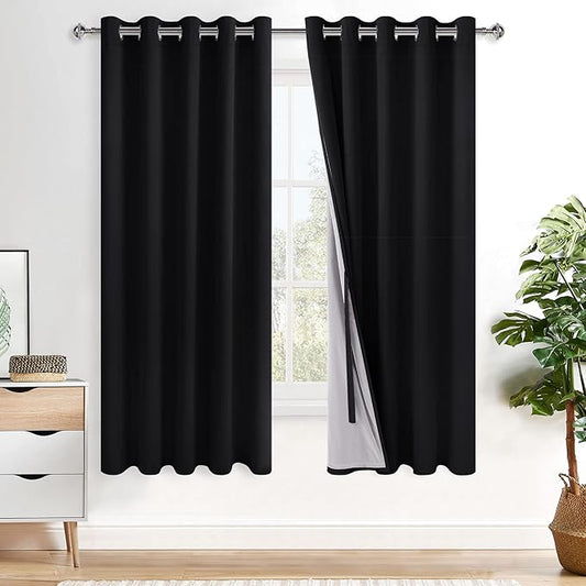 XWZO 100% Blackout Window Curtains - Thermal Insulated & Completely Room Darkening Black Liner Window Treatment with Tiebacks for Bedroom/Living Room, Black, W60 x L63, Set of 2 Panels