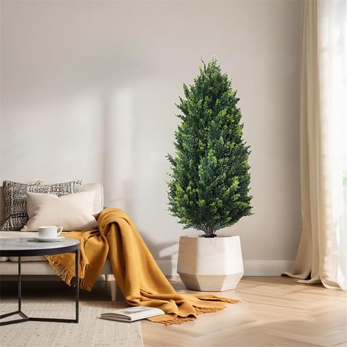 3FT Artificial Cedar Topiary Trees with Ground Spike Set of 2, UV Resistant Artificial Bushes Faux Cypress Trees for Indoor Outdoor Home Garden, Yard, Porch, Patio Decor (Extra Dense)