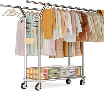 Heavy Duty Clothes Rack - Double Rod Clothing Racks for Hanging Clothes, Portable & Adjustable Garment Rack with Wheels, Rolling Clothes Rack Load 670LBS for Bedrooms, Laundry, Closet (Sliver)