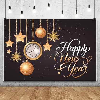 Leyiyi 10x6.5ft Happy New Year Backdrop Gold Clock Snowflake Vintage Eve Party Bokeh Halo Banner Glitter Sequin Luxury Star Photo Background Merry Christmas Portrait Shoot Vinyl Studio Props