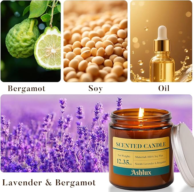 Lavender and Bergamot Candle,12.35oz Scented Candles with 8% Essential Oils,70 Hour Burn Time Soy Wax Candles for Home Decor,Reading,Jar Candle Gifts for Women and Men