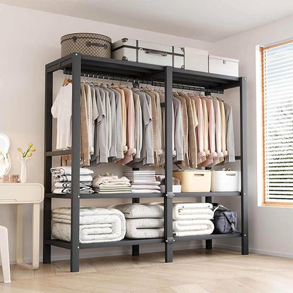 Heavy Duty Clothes Rack with Magnetic Door, Metal Foldable Covered Clothes Rack, Portable Wardrobe Closet System for Hanging Clothes, Rolling Garment Racks for Bedroom (Agarwood Doors, 66in)