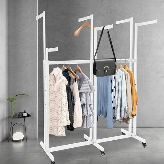 Metal Clothing Rack, 6 Arms Clothes Display Racks with Wheels, Adjustable Floor Standing Garment Rack From 46.85" to 64", Portable Retail Display Stand for Boutique Stores (White, 6 Arm/45.66in)