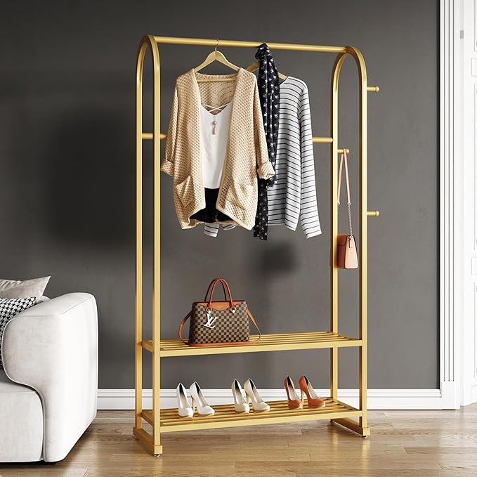 Gold clothing rack,Heavy duty clothes rack with shelves,Metal garment rack for hanging clothes,Wardrobe rack for Boutique, Retail or Home