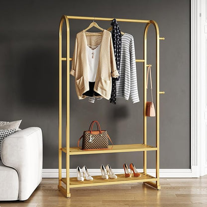 Gold clothing rack,Heavy duty clothes rack with shelves,Metal garment rack for hanging clothes,Wardrobe rack for Boutique, Retail or Home