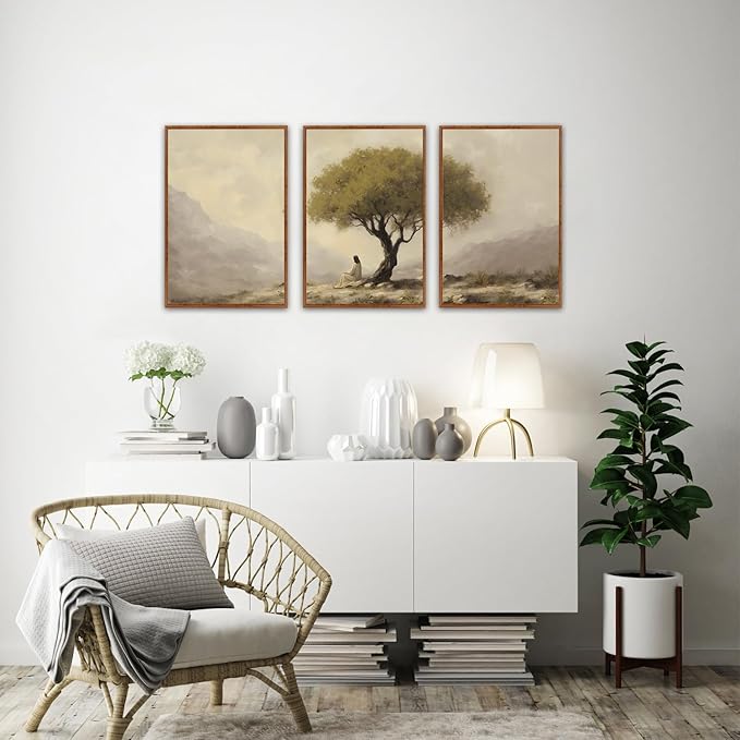HLNIUC Jesus Framed Canvas Wall Art,Religious Christian Olive Poster,Vintage Mountain Natural Landscape Painting,Christian God Bible Story Canvas Art Print for Living Room Bedroom Church-16 x24 x3