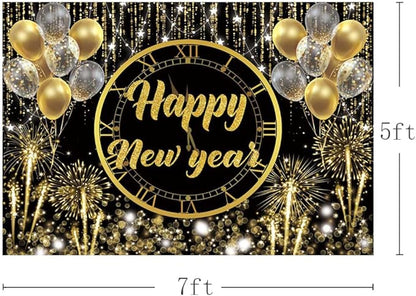 MEHOFOND Happy New Year Backdrop Hello 2026 NYE Cheers Party Decorations Gold Black Photography Background Kiss Me at Midnight New Year's Eve Festival Party Supplies Photobooth Banner 7x5ft