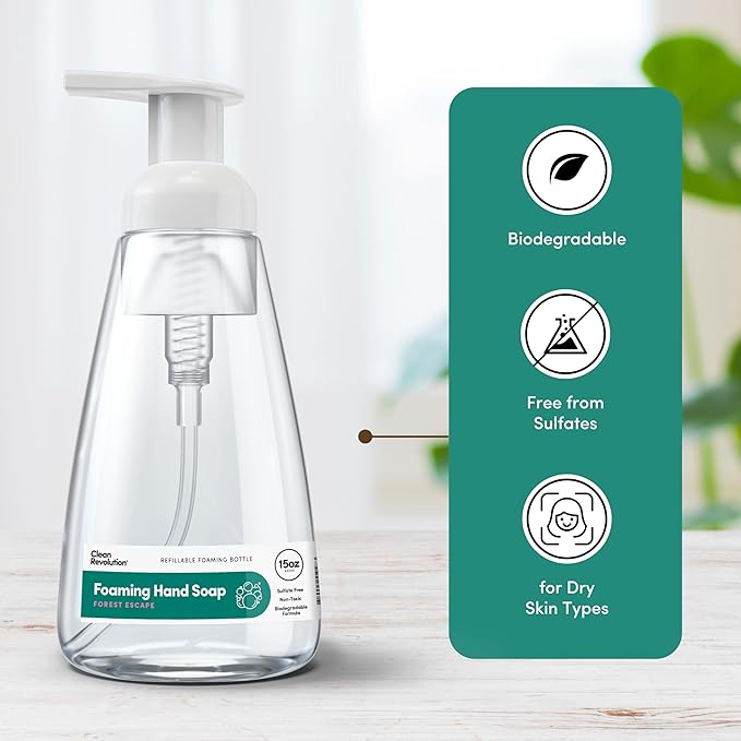 Clean Revolution Foaming Hand Soap Gentle, Moisturizing Ready To Use Real Essential Oils Forest Escape 15.25 Fl Oz - Made in USA