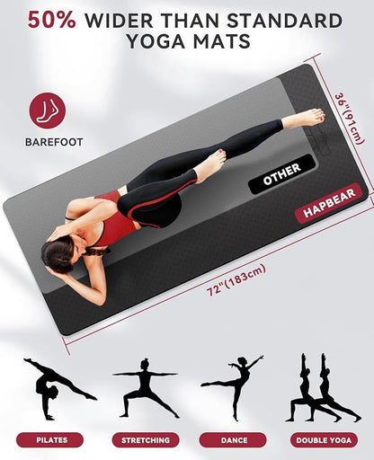 HAPBEAR Large Yoga Mat - 72"x36"x6mm (1/4 inch), Extra Wide Non-Slip Exercise Mat for Home Workout, Yoga, Pilates & Stretching, Durable & Eco-Friendly, Includes Bonus Resistance Bands & Carry Bag