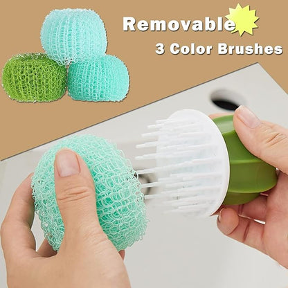 Kitchen Cleaning Brush Set with Holder & Drip Tray – 3 Head Cactus Scrub Brush, Row Brush, Mini Dish & Pot Brushes – Durable Multi-Purpose Scrubbers for Sink, Pans, Plates, Cups (Green)
