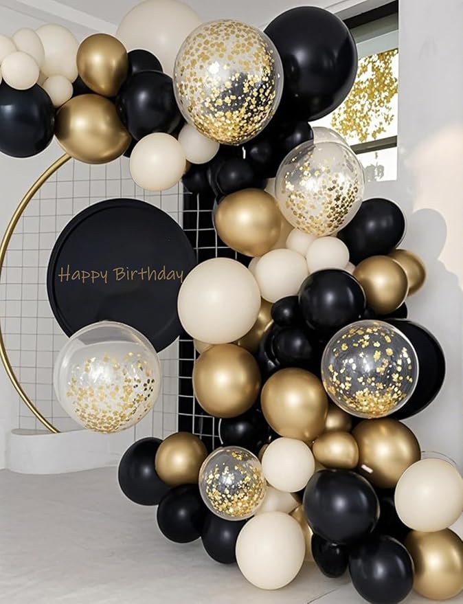 Black White Gold Confetti Balloons Garland Kit, 66Pcs 12 Inch Latex Party Balloons with Metallic Ribbons for Elegant Birthday Wedding Baby Shower Graduation Arch Decorations