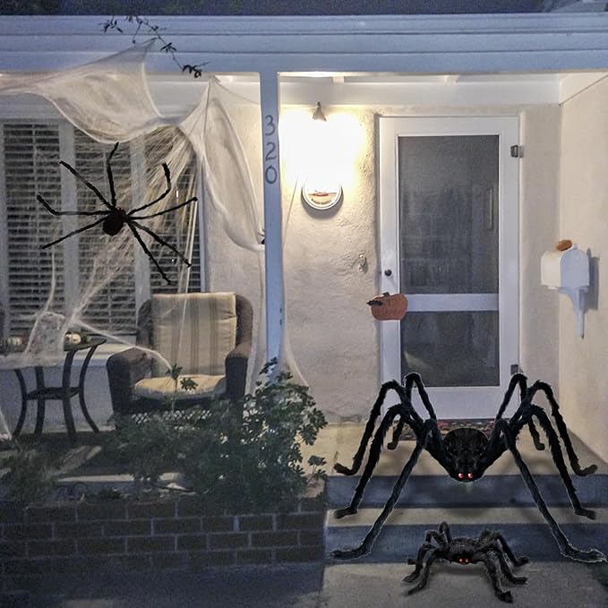 ZMCINER Large Halloween Spiders for Outside, Big Spider Halloween Decorations Realistic Scary Hairy Spiders Halloween Decorations Outdoor (49"", 29"", 20"", 20"")