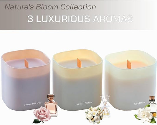 Set of 3 Premium Scented Soy Candles Gift Set | Nature's Bloom Collection - Gardenia, Hilton Garden and Rose & Oud | Crackling Wood Wick | Luxury Candles for Relaxation, Home Décor, Gifts | 9.8oz Each