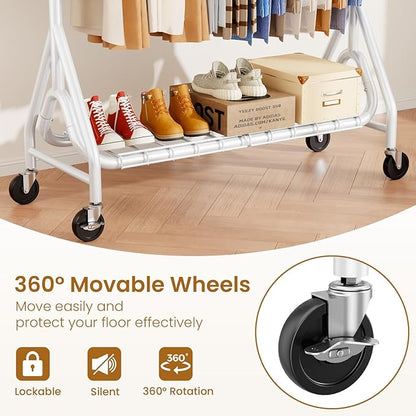 Heavy Duty Clothes Rack for Hanging Clothes, Double Rods Clothing Rack with Lockable Wheels, Rolling Metal Garment Racks Heavy Duty, Portable Wardrobe Closet Racks, White