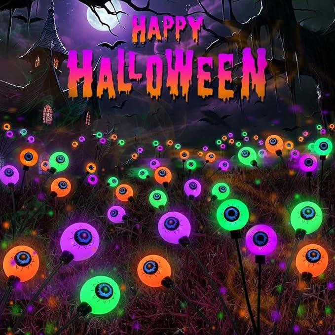 6 Pack Halloween Decorations Outdoor Solar Eyeball Lights, Purple Orange and Green Scary Eyeball Swaying Firefly Lights with 2 Modes, Waterproof Halloween Pathway Lights for Yard Garden Party Decor