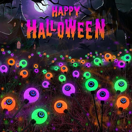 6 Pack Halloween Decorations Outdoor Solar Eyeball Lights, Purple Orange and Green Scary Eyeball Swaying Firefly Lights with 2 Modes, Waterproof Halloween Pathway Lights for Yard Garden Party Decor