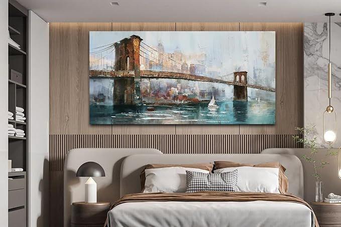 Acocifi Brooklyn Bridge Wall Art for Living Room New York Skyline Picture Abstract Cityscape Office Canvas Painting Large Textured Artwork Framed for Bedroom Home Decor 48"x24"