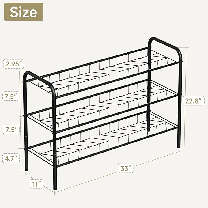3-Tier Metal Shoe Rack, Free Standing Shoe Storage Rack for Entryway, Closet and Hallway (Black, 3-Tier)