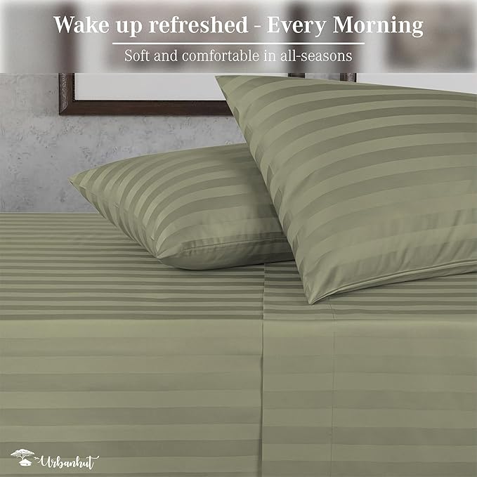 URBANHUT 800 Thread Count Egyptian Cotton Damask Striped Queen Size Sheets Set (4 Pc) - Ultra Soft & Smooth, Sateen Weave Queen Size Sheets, Luxury Hotel Sheets with 16" Deep Pocket - Sage