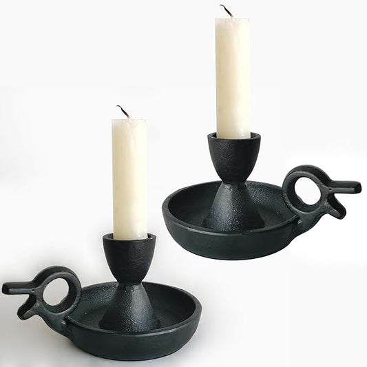Iron Taper Candle Holders Set of 2, Black Metal Candlestick for Table Centerpieces, Wedding Decor and Dinner Party (Handle)