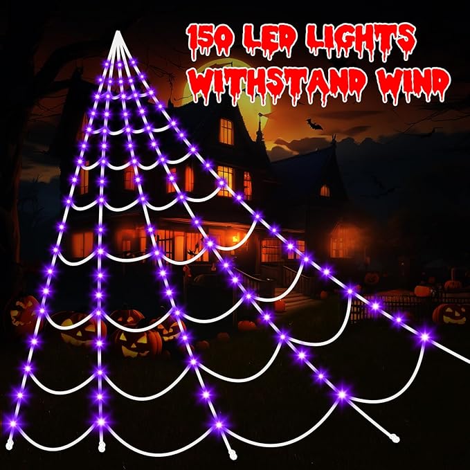 Halloween Decorations Spider Webs Lights: 150 Purple LED Halloween Lights Decor, 17.4Ft Giant Spiderweb with 8 Lighting Modes Waterproof & Timer, Yard Spider Web Decoration