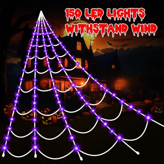 Halloween Decorations Spider Webs Lights: 150 Purple LED Halloween Lights Decor, 17.4Ft Giant Spiderweb with 8 Lighting Modes Waterproof & Timer, Yard Spider Web Decoration