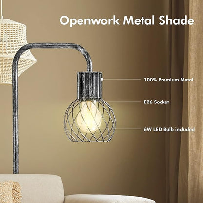 Industrial Floor Lamp, Antique Silver Standing Lamp Modern with 6W LED Bulb, Foot Switch, Metal Tall Lamps for Living Room, Bedroom, Office, Den, Vintage Stand Up Lamp, Minimalist Farmhouse Floor Lamp