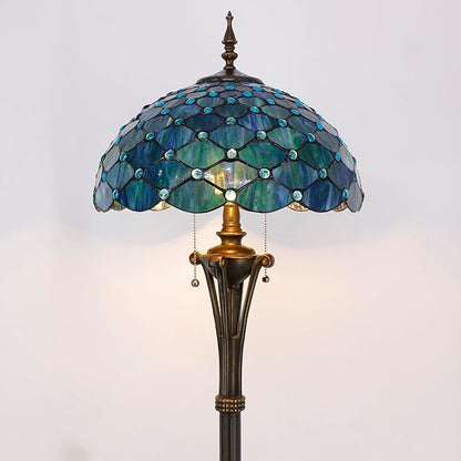 Tiffany Floor Lamp Sea Blue Stained Glass Pearl Standing Reading Light 16X16X70 Inches Antique Pole Corner Lamp Decor Bedroom Office Living Room