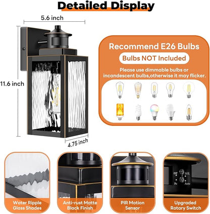 11.6" Motion Sensor Outdoor Wall Lights, Waterproof Exterior Lighting Fixtures with Water-Rippled Glass, Bronze Modern Outside Wall Sconce Lanterns for House, Porch, Garage, Patio, Bulbs Not Included