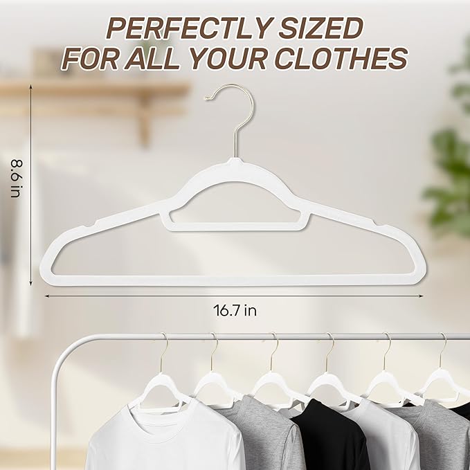 Velvet Hangers 30 Pack with Gold Hooks, Non-Slip Slim Felt Hanger for Clothes, Heavy Duty Space Saving Flocked Hangers for Dresses, Suits, Coats & Pants(White)