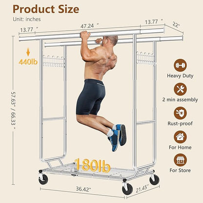 Hoctieon 2-Minute Assembly Double Rod Clothes Rack, Heavy Duty Rolling Clothing Racks with Wheels, Foldable Commercial Garment Rack, Extendable Hanging Bar, Adjustable Metal Pole with Hooks, Chrome