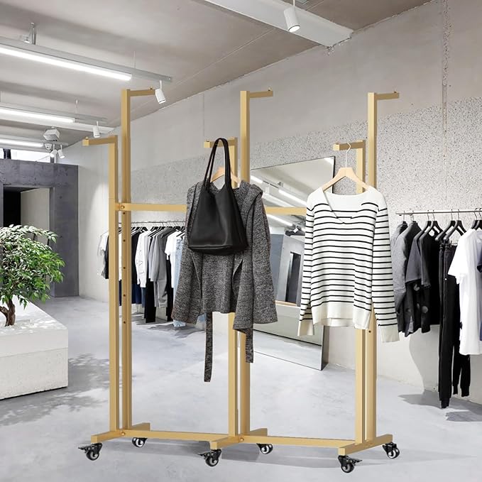 Metal Clothing Rack, 6 Arms Clothes Display Racks with Wheels, Adjustable Floor Standing Garment Rack From 46.85" to 64", Portable Retail Display Stand for Boutique Stores (Gold, 6 Arm/45.66in)